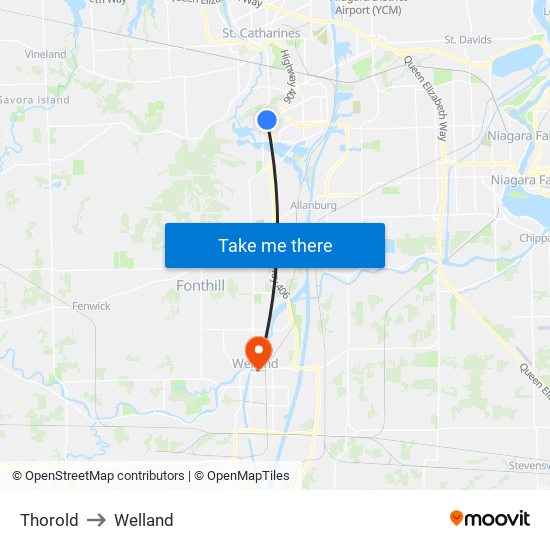 Thorold to Welland map