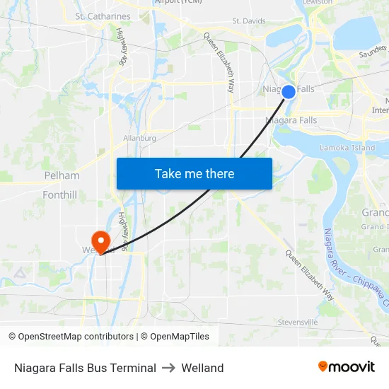 Niagara Falls Bus Terminal to Welland map