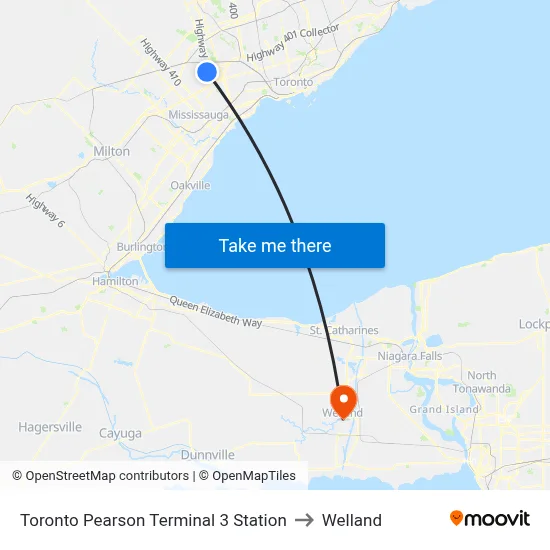 Toronto Pearson Terminal 3 Station to Welland map
