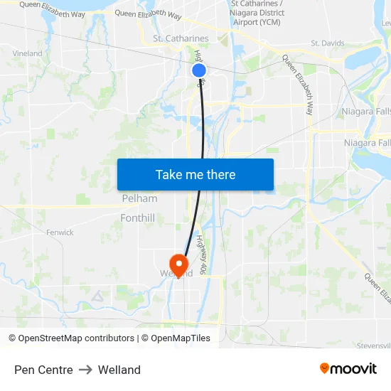 Pen Centre to Welland map