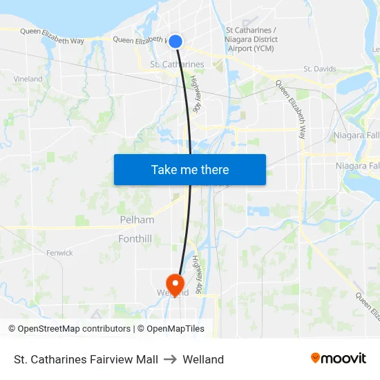 St. Catharines Fairview Mall to Welland map