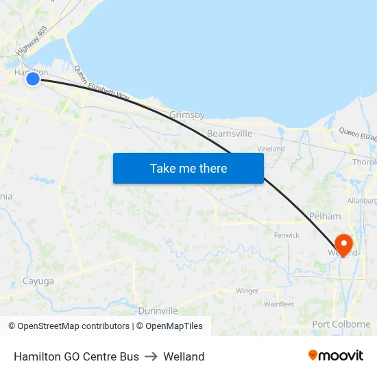 Hamilton GO Centre Bus to Welland map