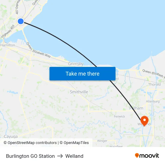 Burlington GO Station to Welland map