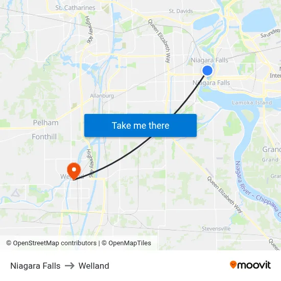 Niagara Falls to Welland map