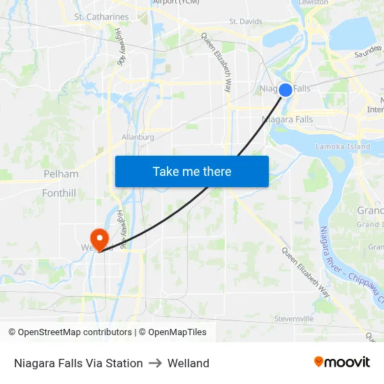 Niagara Falls Via Station to Welland map