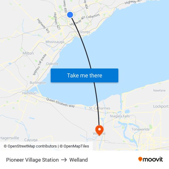 Pioneer Village Station to Welland map