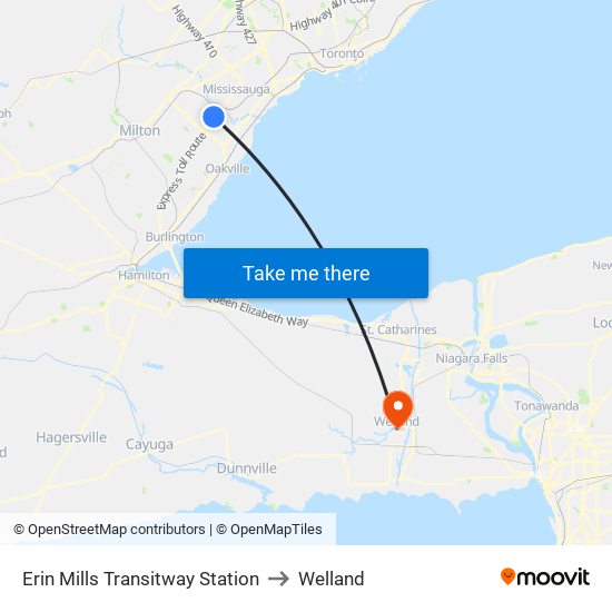 Erin Mills Transitway Station to Welland map