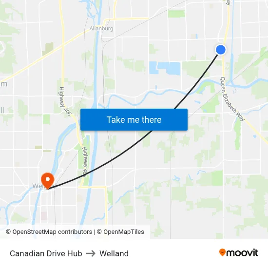 Canadian Drive Hub to Welland map