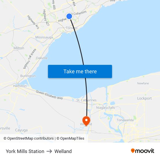 York Mills Station to Welland map