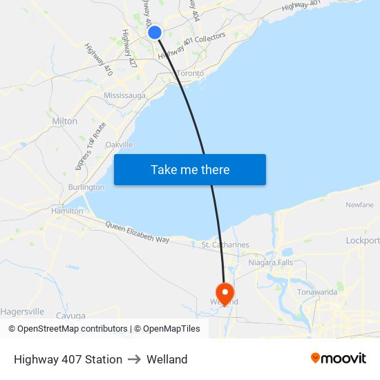 Highway 407 Station to Welland map