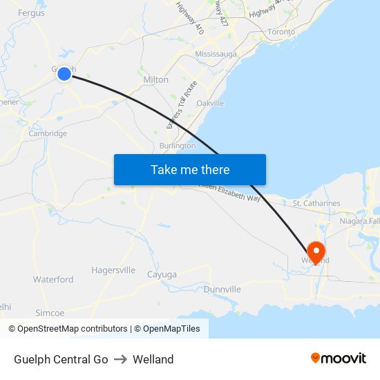 Guelph Central Go to Welland map