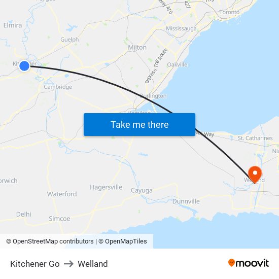 Kitchener Go to Welland map