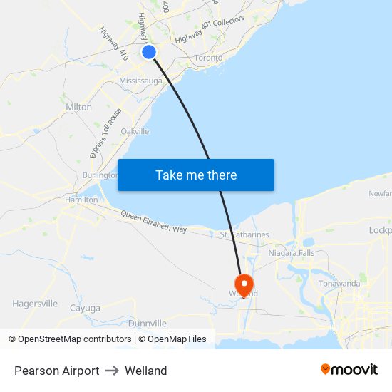Pearson Airport to Welland map