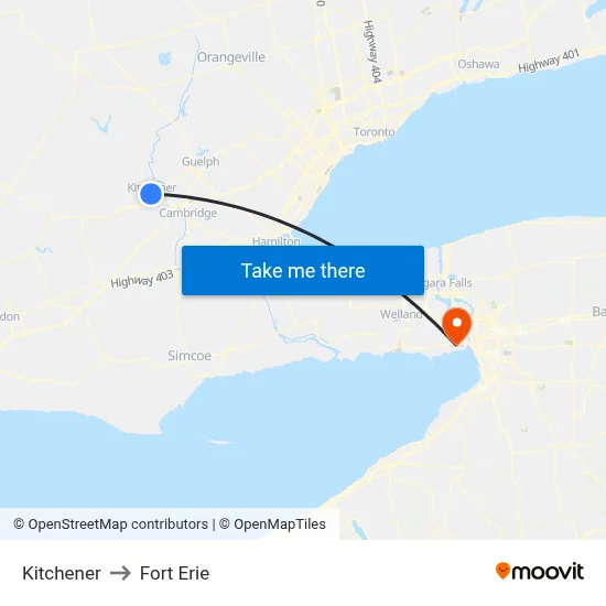 Kitchener to Fort Erie map