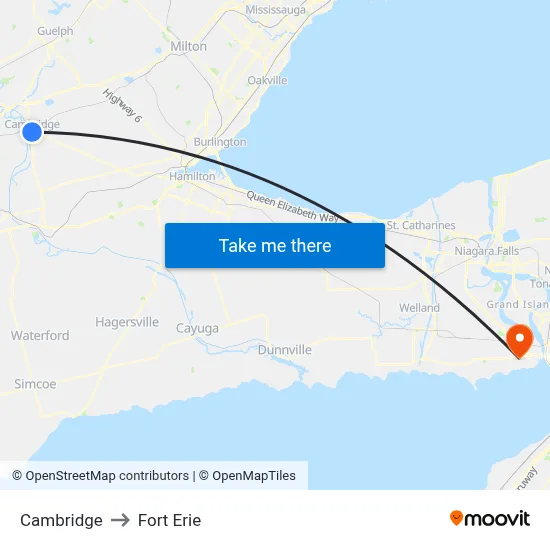 Cambridge to Fort Erie map