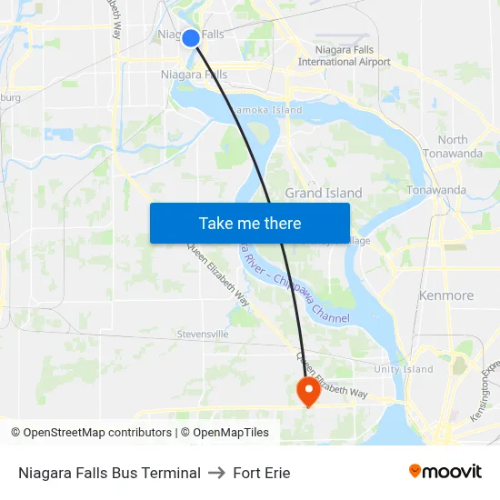 Niagara Falls Bus Terminal to Fort Erie map