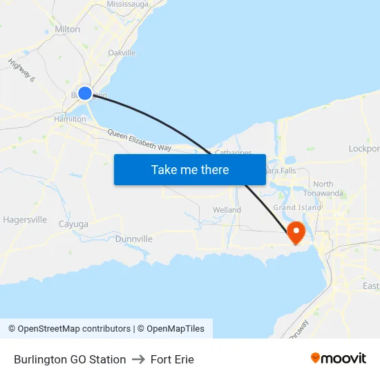 Burlington GO Station to Fort Erie map