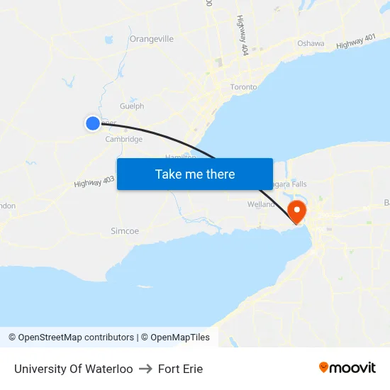 University Of Waterloo to Fort Erie map