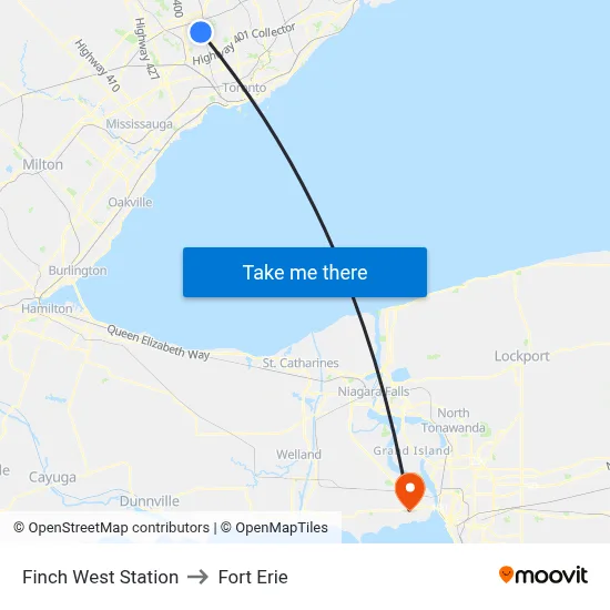 Finch West Station to Fort Erie map