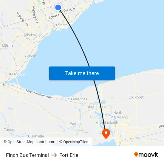 Finch Bus Terminal to Fort Erie map