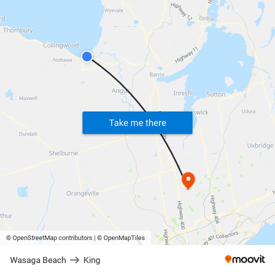 Wasaga Beach to King map