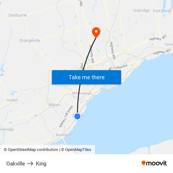 Oakville to King map