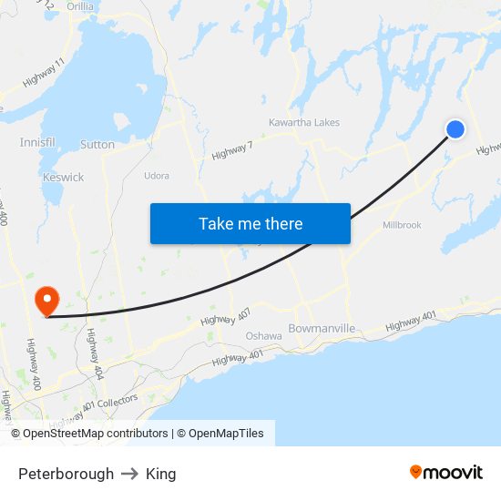 Peterborough to King map