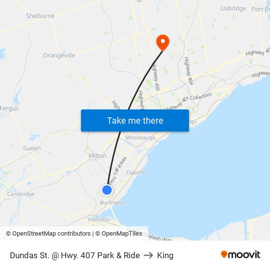 Dundas St. @ Hwy. 407 Park & Ride to King map