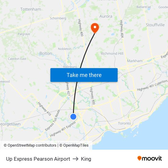 Up Express Pearson Airport to King map