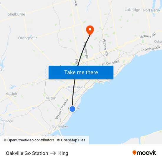 Oakville Go Station to King map