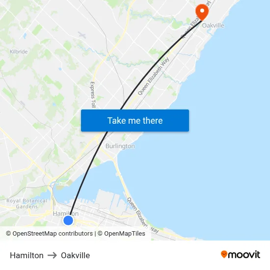 Hamilton to Oakville map