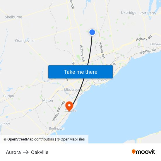 Aurora to Oakville map