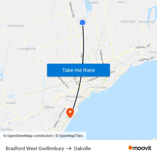 Bradford West Gwillimbury to Oakville map