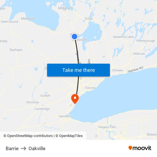 Barrie to Oakville map