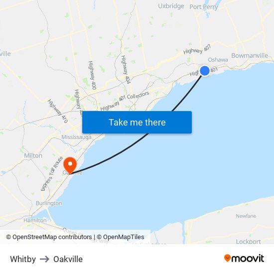 Whitby to Oakville map