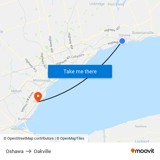 Oshawa to Oakville map