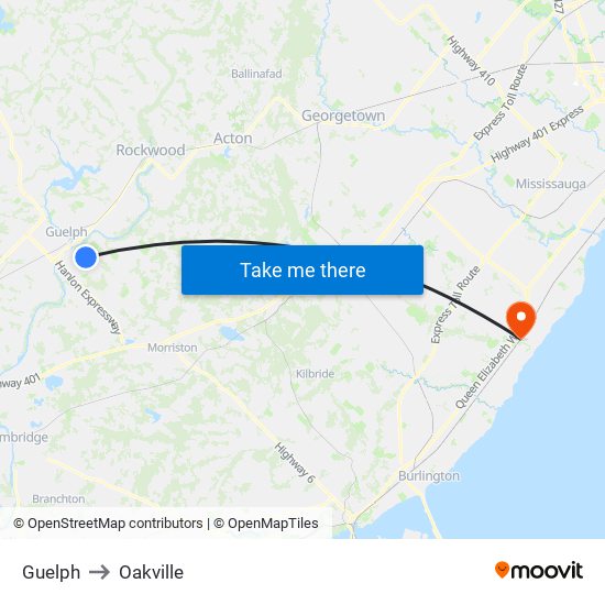 Guelph to Oakville map