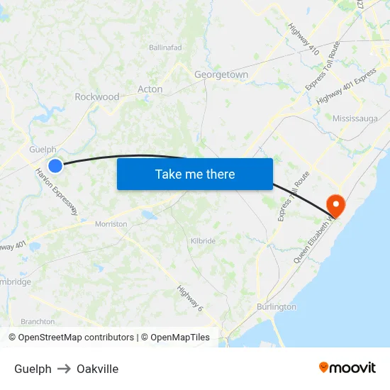 Guelph to Oakville map