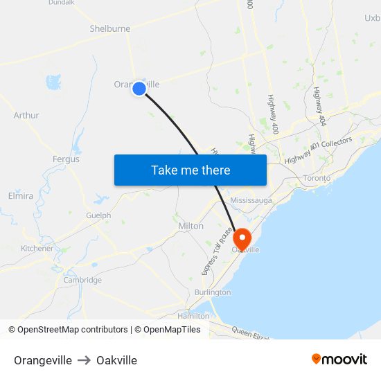 Orangeville to Oakville map