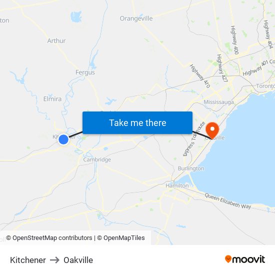 Kitchener to Oakville map
