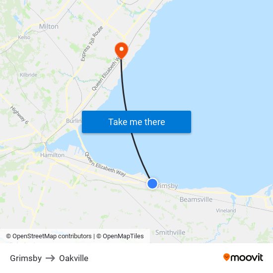 Grimsby to Oakville map