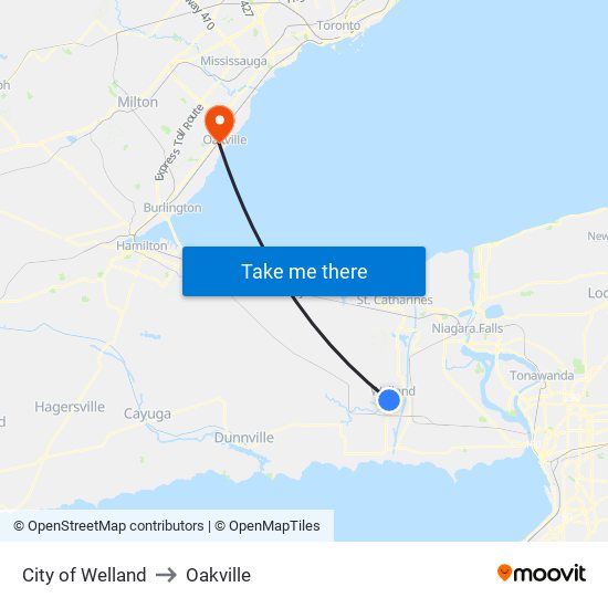 City of Welland to Oakville map