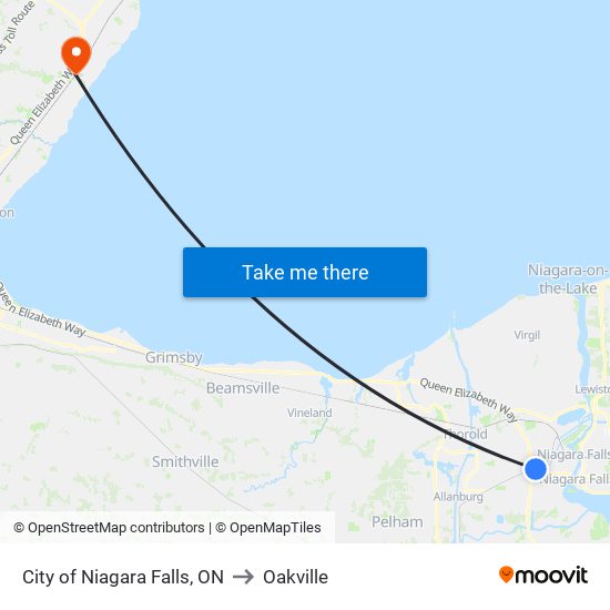 City of Niagara Falls, ON to Oakville map