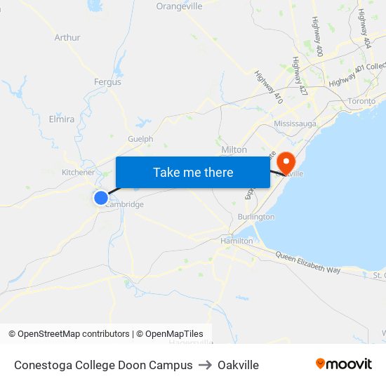 Conestoga College Doon Campus to Oakville map