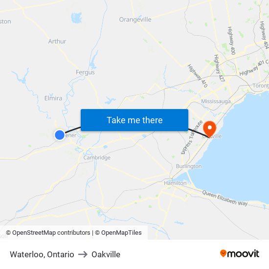 Waterloo, Ontario to Oakville map