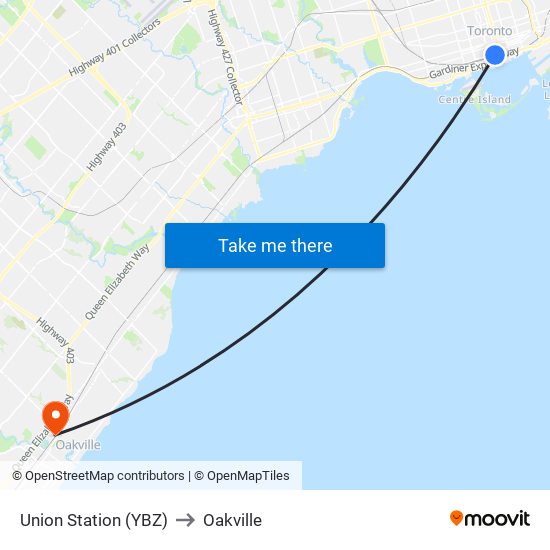 Union Station (YBZ) to Oakville map