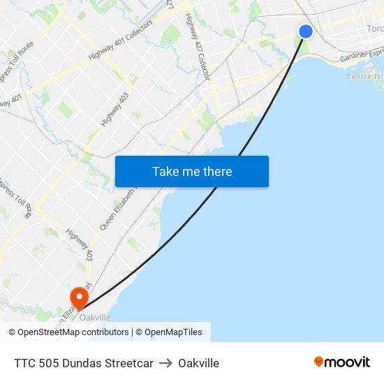 TTC 505 Dundas Streetcar to Oakville map