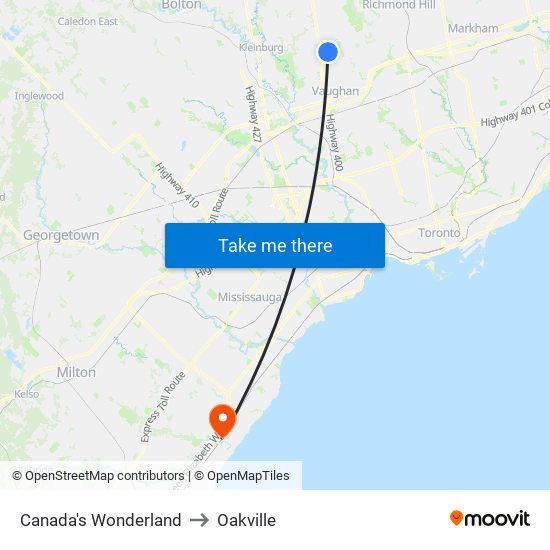 Canada's Wonderland to Oakville map
