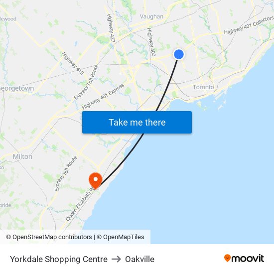 Yorkdale Shopping Centre to Oakville map