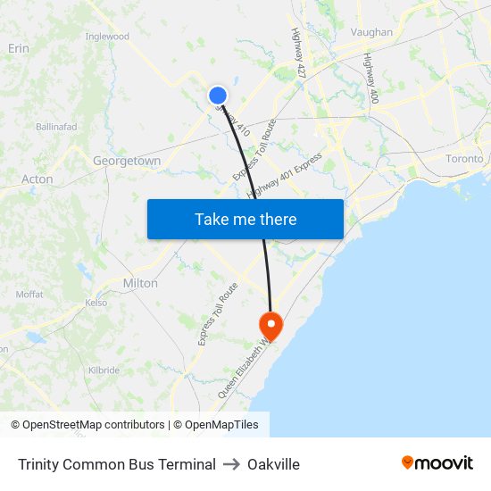 Trinity Common Bus Terminal to Oakville map